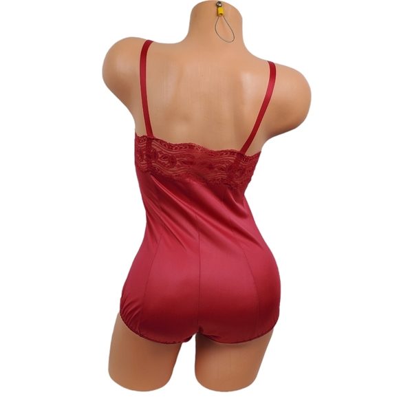 Vintage Nylon Teddy Bodysuit Romper French Maid Brand Sz 32 Red Snap Crotch - Picture 7 of 11